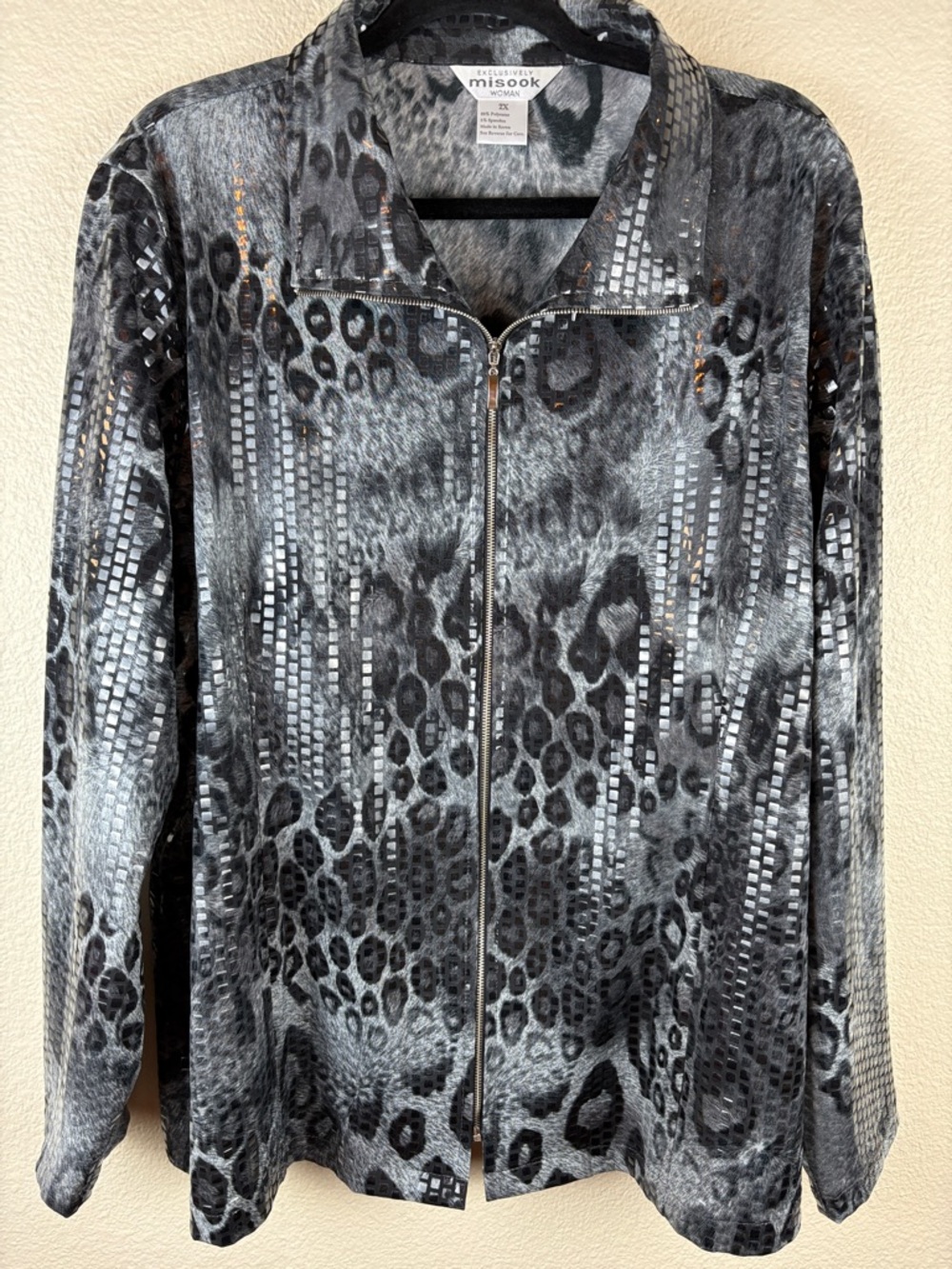 EXCLUSIVELY MISOOK Woman Leopard Animal Print Paillette Stretch Knit Jacket 2X